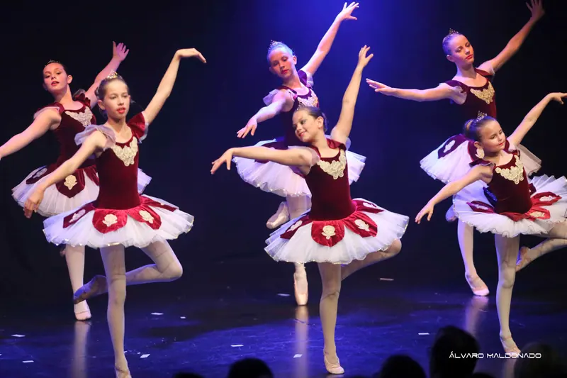 Élèves de ballet en tutus de velours bordeaux brodés d’or et diadèmes tournent bras levés sur scène