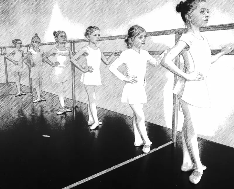 Croquis noir et blanc de jeunes élèves de ballet alignées à la barre, mains sur les hanches