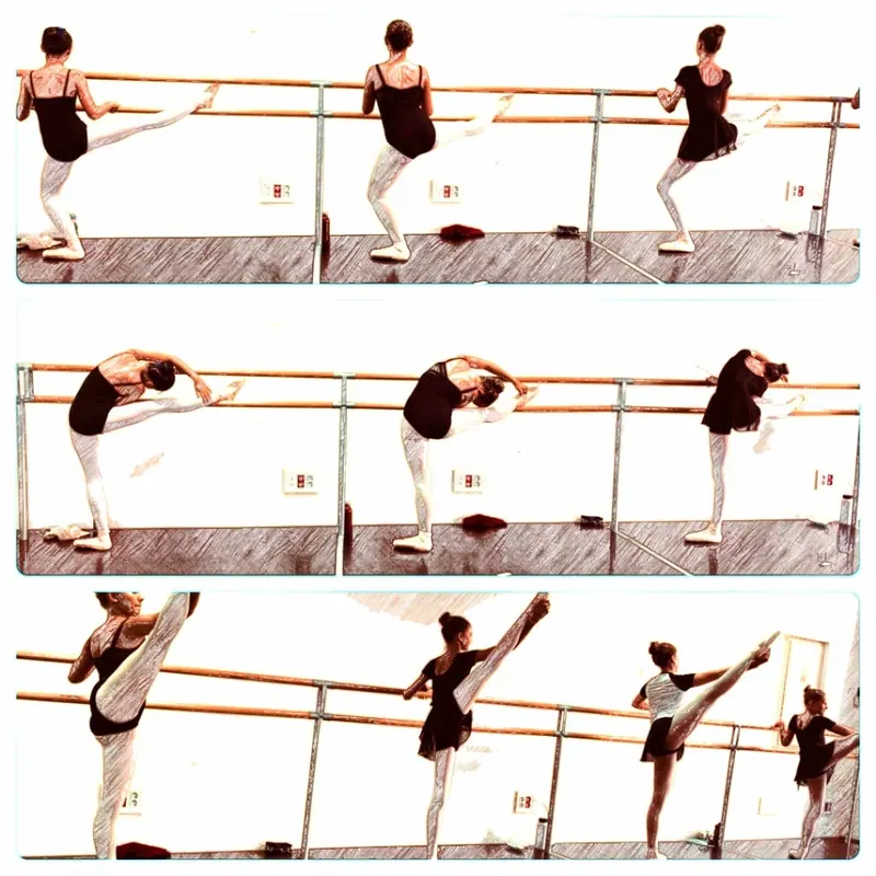Collage de trois séquences à la barre : élèves en justaucorps noirs en étirements, cambrés et grandes extensions