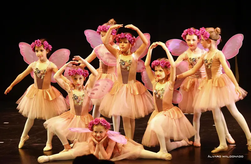 De petites fées en tutus pêche, ailes roses et couronnes de roses posent ensemble, l’une allongée devant, menton dans les mains