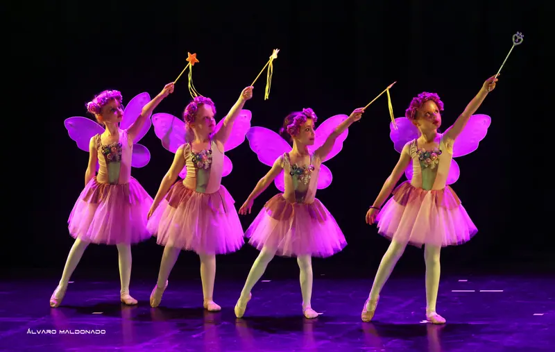 Quatre petites fées en tutus roses, ailes violettes et couronnes de roses lèvent leurs baguettes magiques en ligne