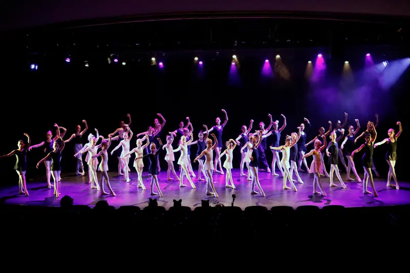 Un grand groupe d’élèves de ballet en justaucorps noirs et roses pose un bras levé sous des projecteurs violets