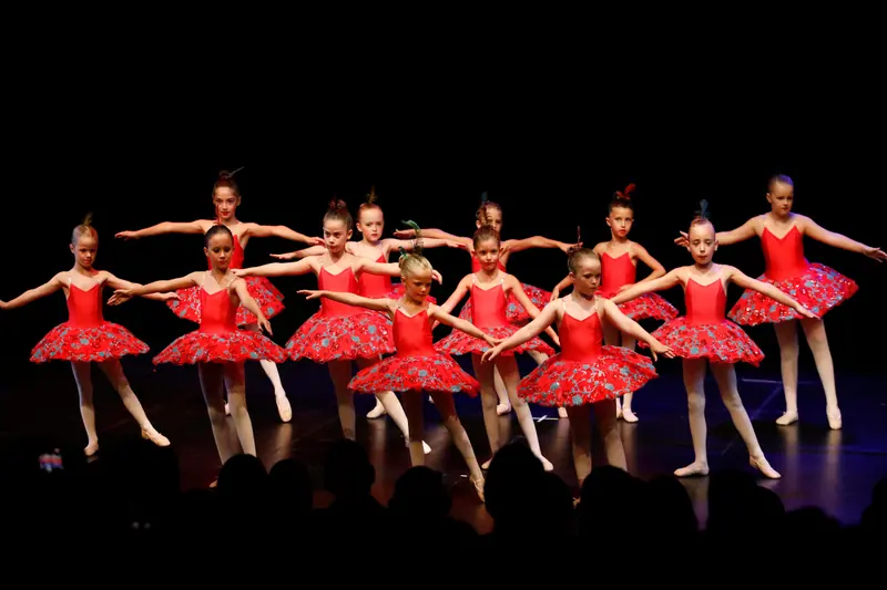 Jeunes ballerines en tutus rouges brodés de fleurs bleues, alignées les bras grands ouverts