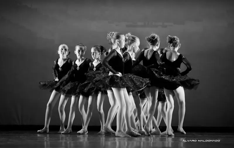 Photo noir et blanc de fillettes en justaucorps de velours noir et tutus, regroupées mains sur les hanches, certaines de dos