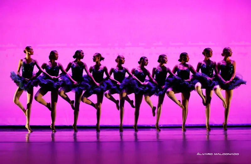 Une ligne de dix danseuses en tutus sombres à sequins se tenant la main, chacune levant un pied au genou, sous une vive lumière magenta