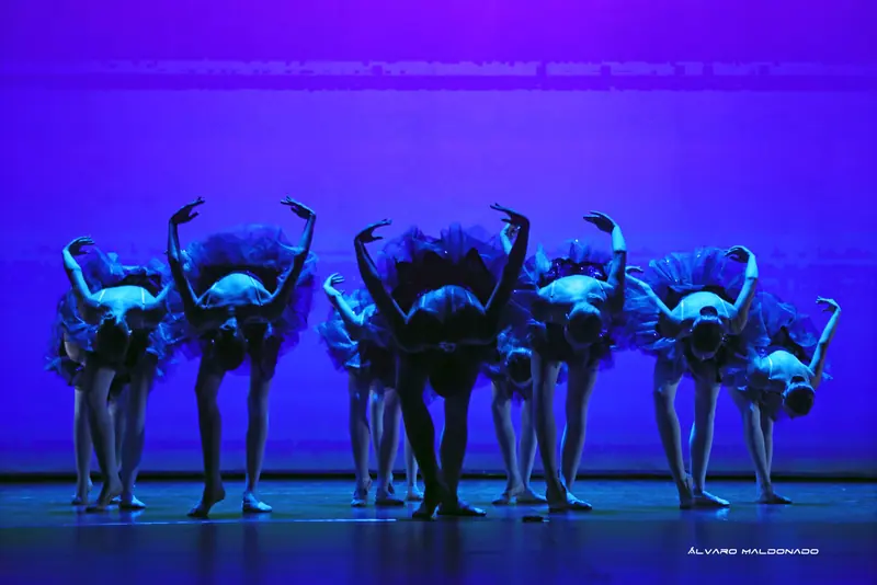 Danseuses en tutus à sequins profondément inclinées vers l'avant, bras courbés au-dessus du dos, sous une intense lumière bleue et violette