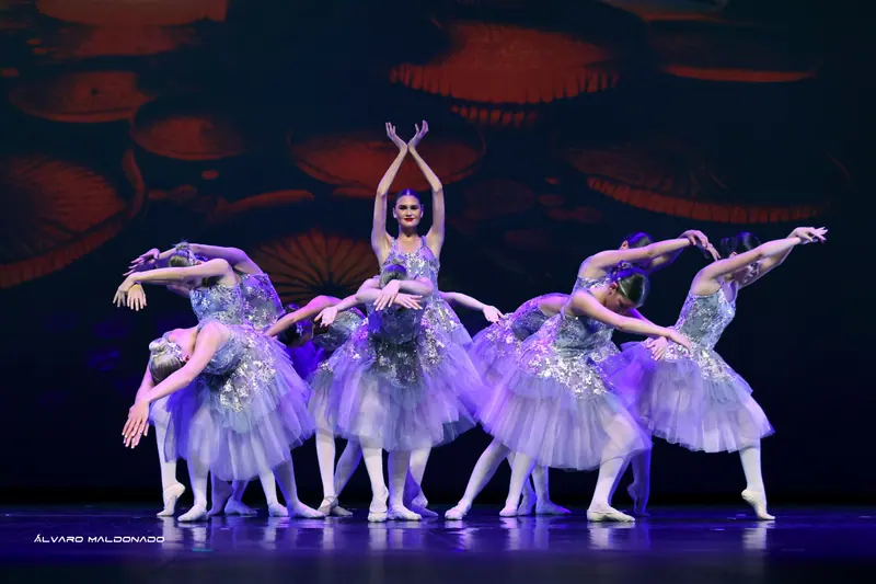 Une danseuse souriante, bras croisés au-dessus de la tête, au centre d'un groupe en tutus lilas à sequins penché sur le côté