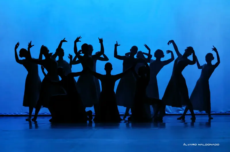 Silhouettes de danseuses en robes longues, certaines à genoux, levant des bras courbés devant un fond bleu lumineux