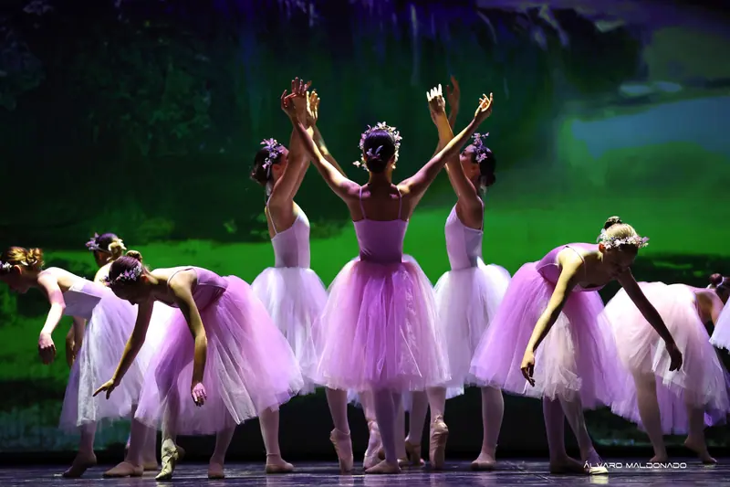Danseuses en tutus romantiques lilas et blancs avec couronnes de fleurs lèvent les bras ou s'inclinent devant un fond vert