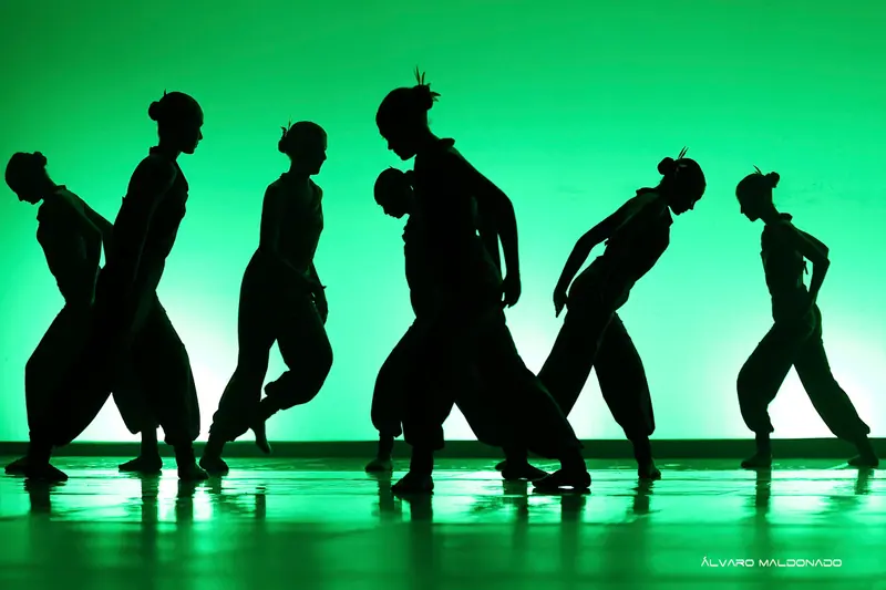 Silhouettes de danseuses en sarouels amples et ornements de cheveux en mouvement devant un fond vert vif