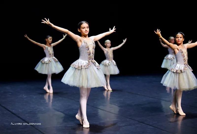 Filles en tutus romantiques lilas à garnitures florales dorées ouvrent grand les bras sur demi-pointes sur une scène sombre
