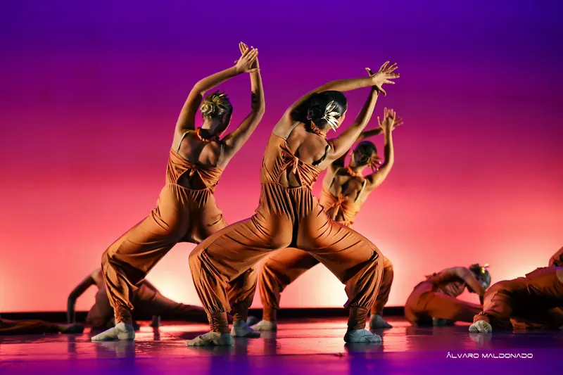Danseuses en combinaisons orange vues de dos plongent dans une large fente, bras croisés au-dessus de la tête, sur fond rose