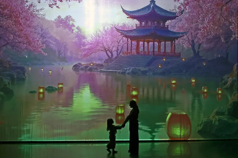 Silhouettes d'une femme et d'une fillette main dans la main devant une pagode, un lac et des lanternes projetés