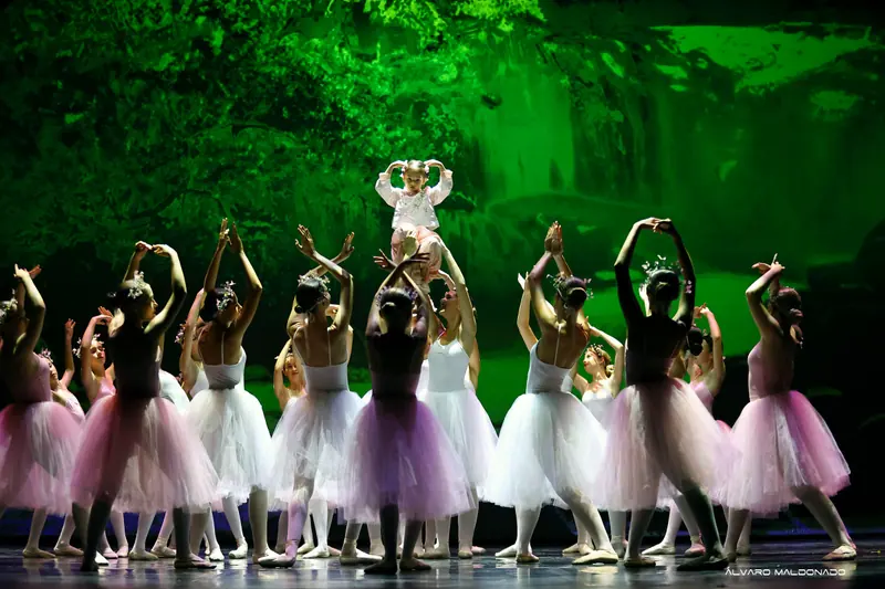 Une fillette en rose est soulevée au-dessus d'un cercle de danseuses en tutus roses et blancs bras levés, sous une lumière verte de forêt
