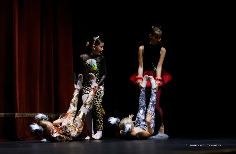 Deux filles en costume de chat tiennent les jambes levées de deux danseuses allongées sur scène en leggings imprimés animal