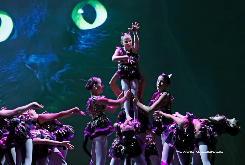 Des filles en costumes de chat léopard et violet soulèvent une danseuse tandis que d'autres se cambrent sous d'immenses yeux verts