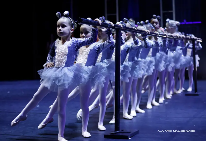 Fillettes en costumes de souris en velours bleu et tutus de tulle tendent une jambe en arrière en tenant la barre