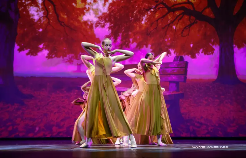 Danseuses en longues robes fluides moutarde encadrent leur visage de leurs bras devant un parc d'automne projeté