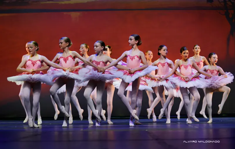 Élèves de ballet en tutus classiques roses se tiennent la main en chaîne et avancent sur demi-pointes devant un fond rouge orangé