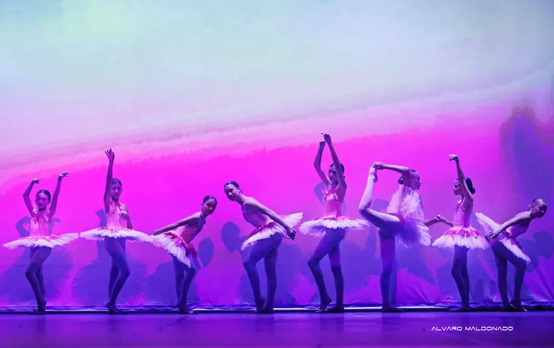 Filles en tutus roses alignées dans des poses de ballet variées, l'une tenant son pied derrière la tête, sur fond magenta